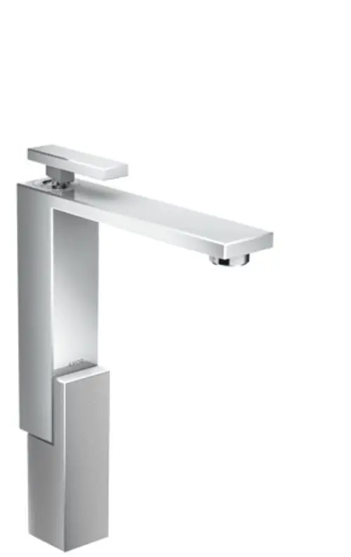 Einhebel-Waschtischmischer in Chrom-Optik von AXOR mit einer geraden, flachen Armatur und Push-Open Ablaufgarnitur, geeignet für moderne Aufsatzwaschtische.